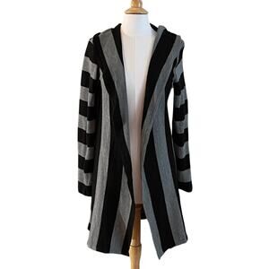 Ya Los Angeles Black Gray Rugby Stripe Long Open Cardigan Sweater Hood, Preppy L
